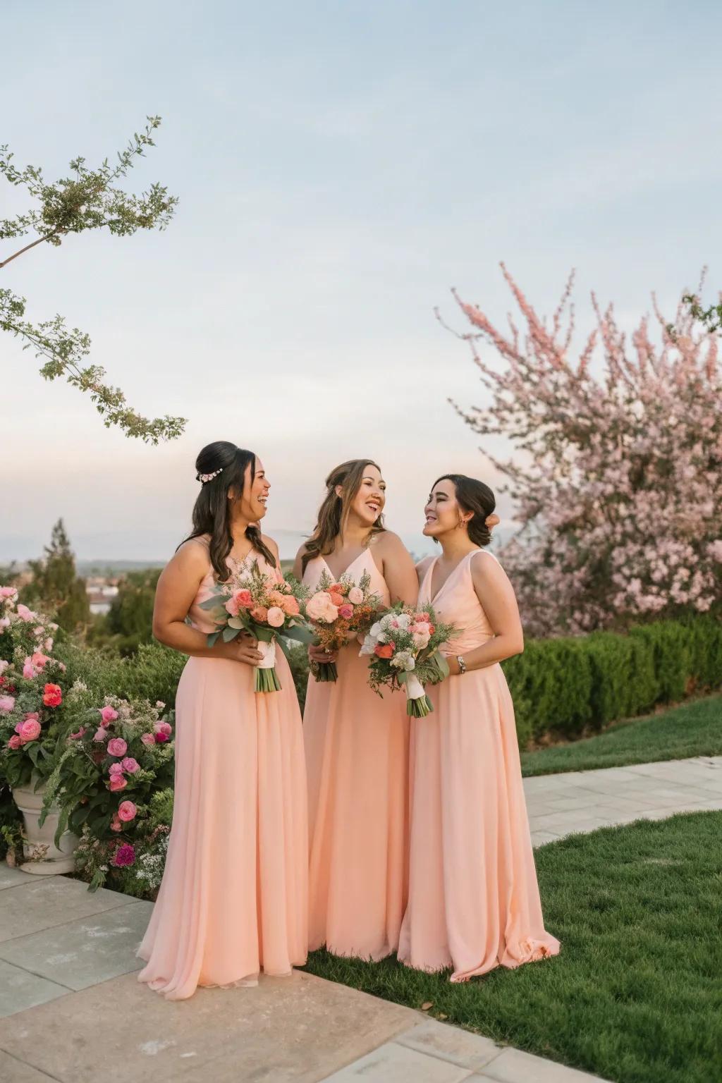 Refined peach attendant dresses that elevate the wedding's theme.