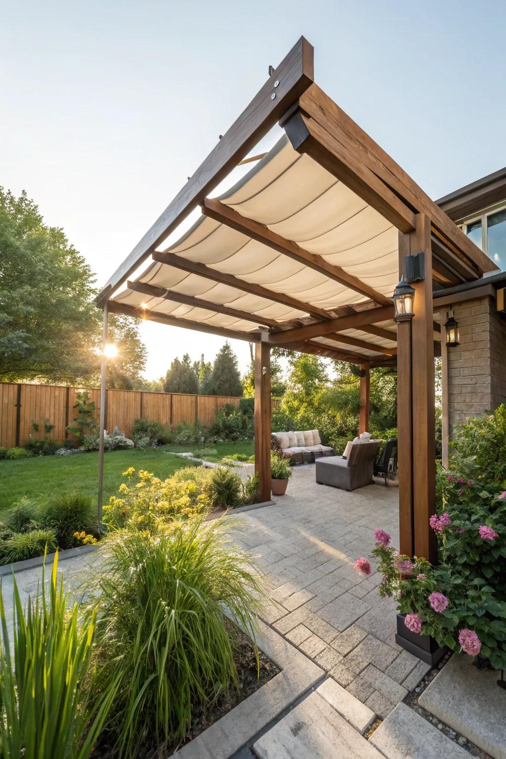 In a sunny garden, a pergola with a retractable roof offers flexible shade.