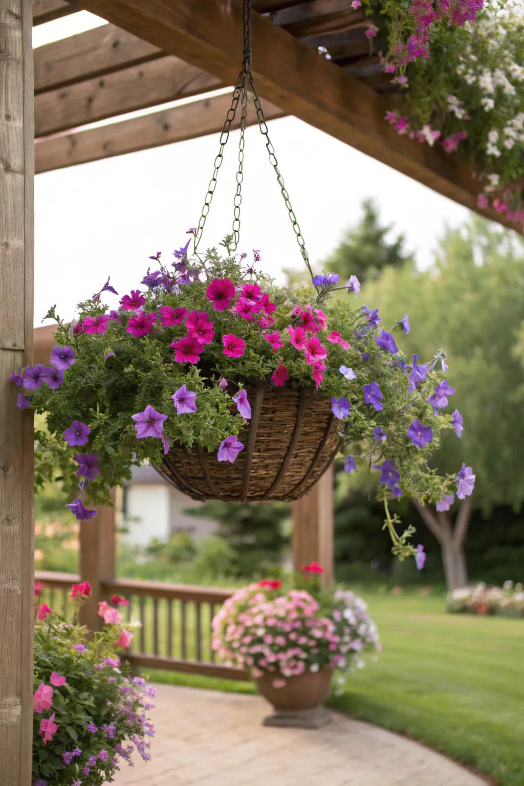 Trailing lilac and petunias gently cascade, resulting in a vibrant spectacle.