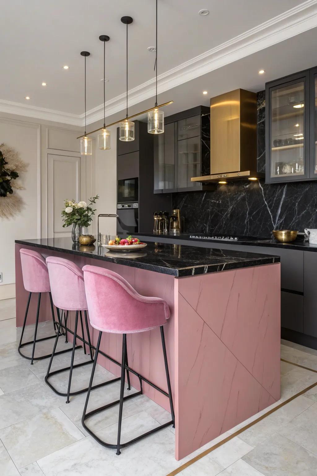 A pink island becomes the heart of the kitchen, offering both style and function.