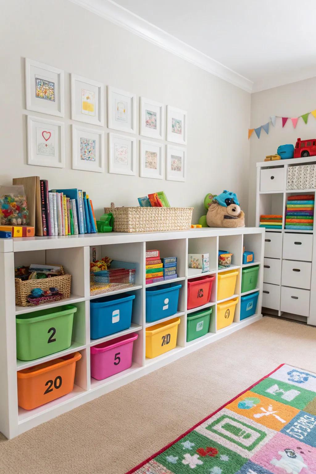 A playroom furnished with compartments and vivid containers makes toy organization a breeze.
