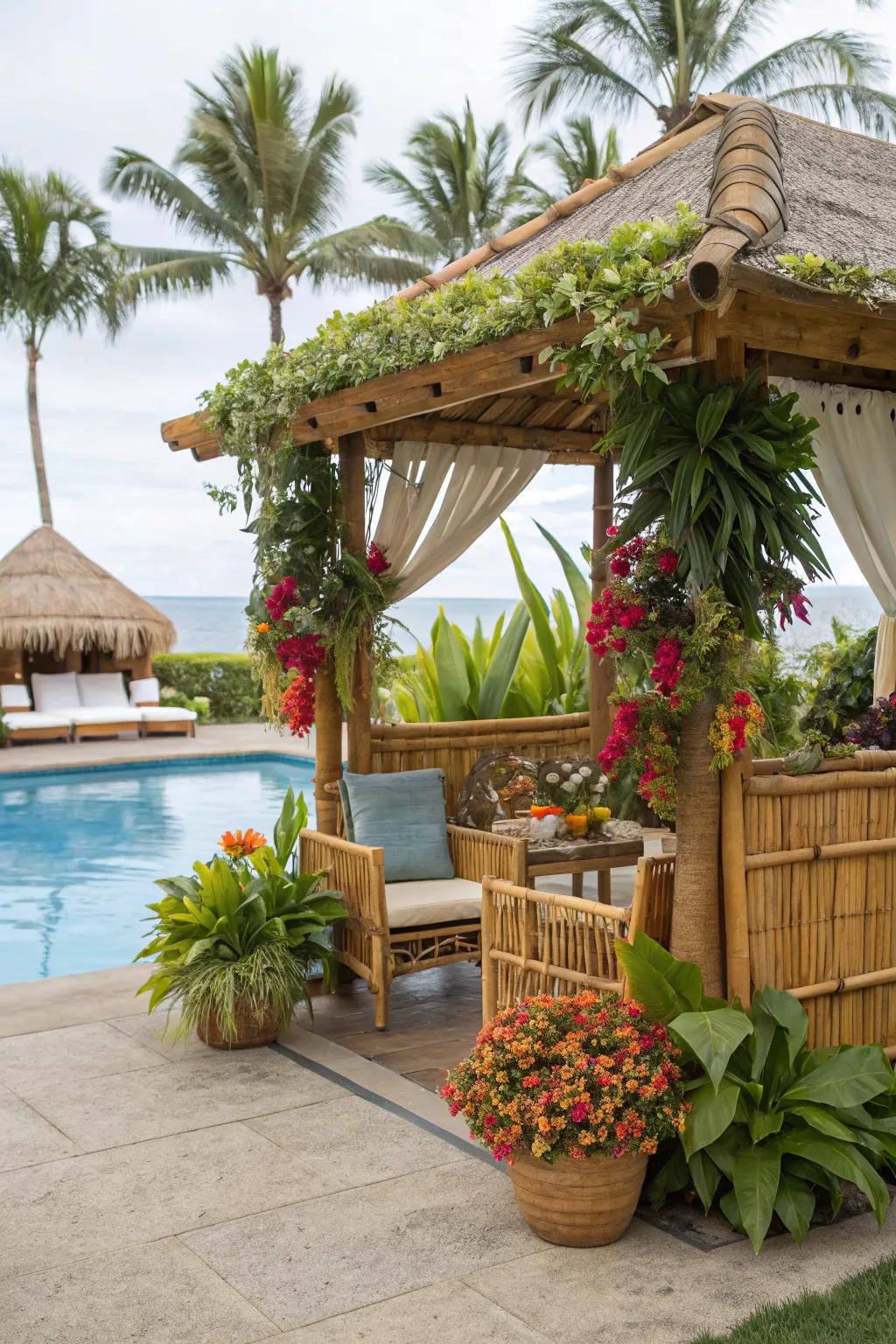 A tropical-themed cabana surrounded by lush greenery.