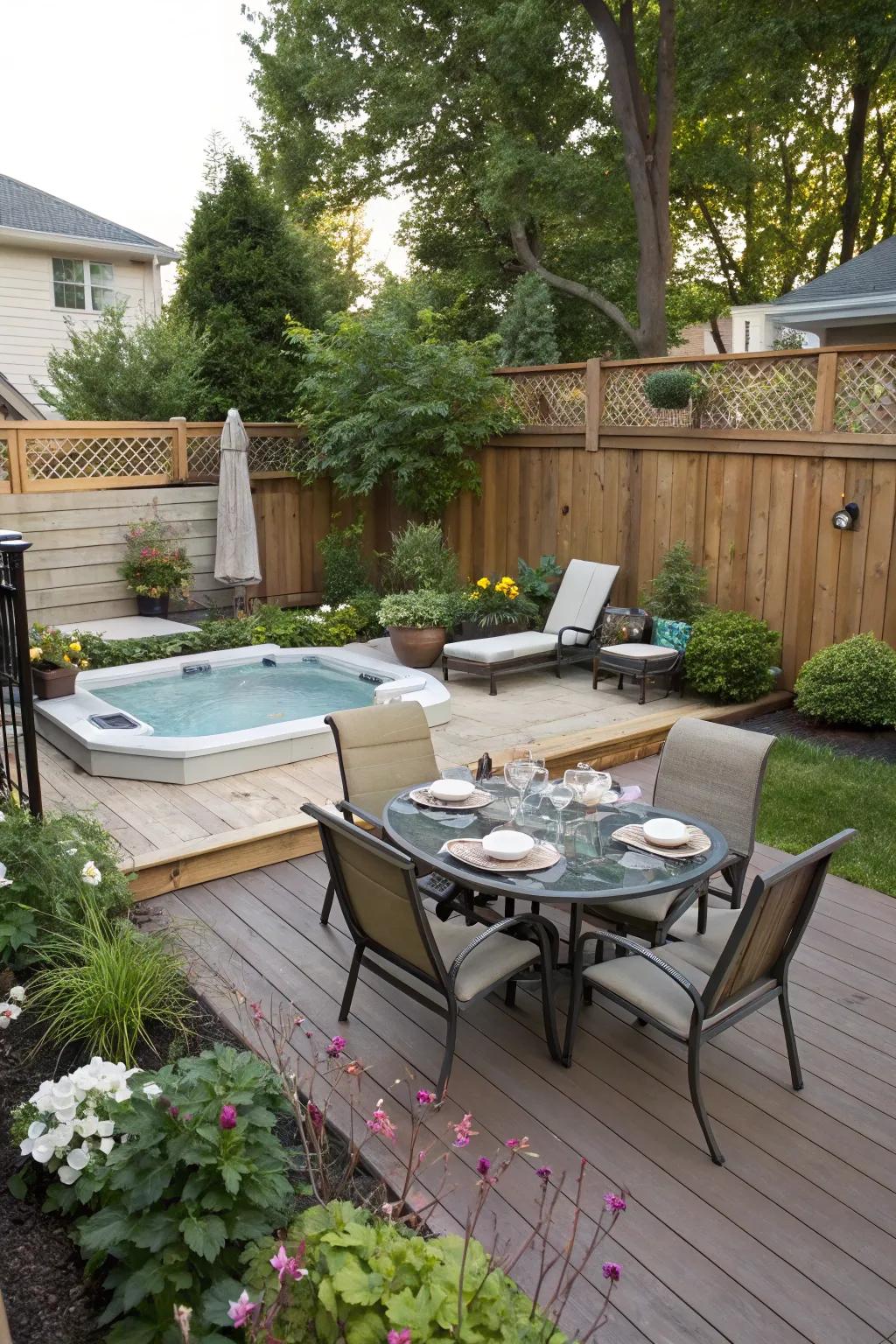 A multi-functional deck transforms the pool area into a versatile space for relaxation and dining.