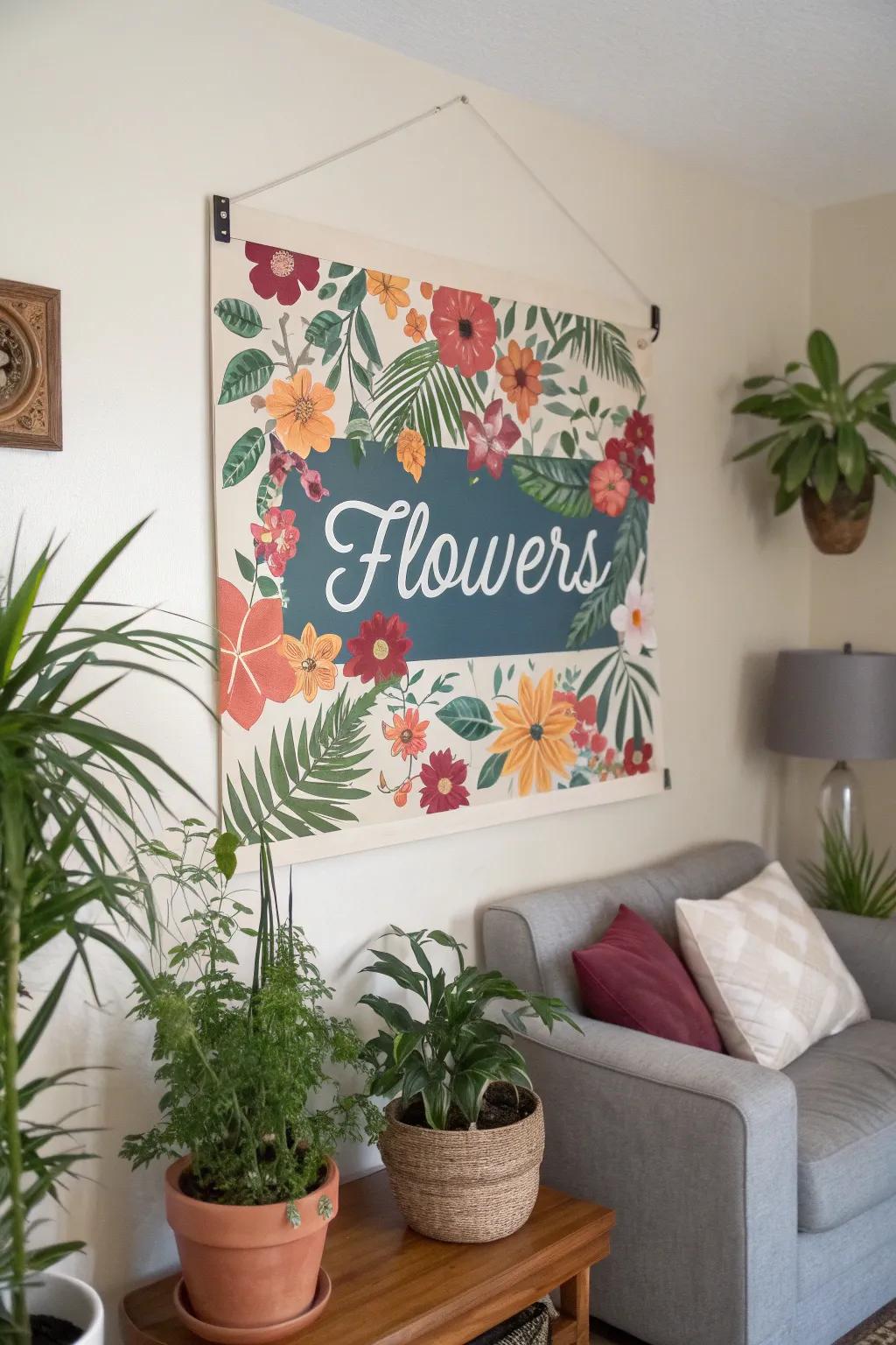 A botanical-inspired name sign imparts innate grace to a lounge.