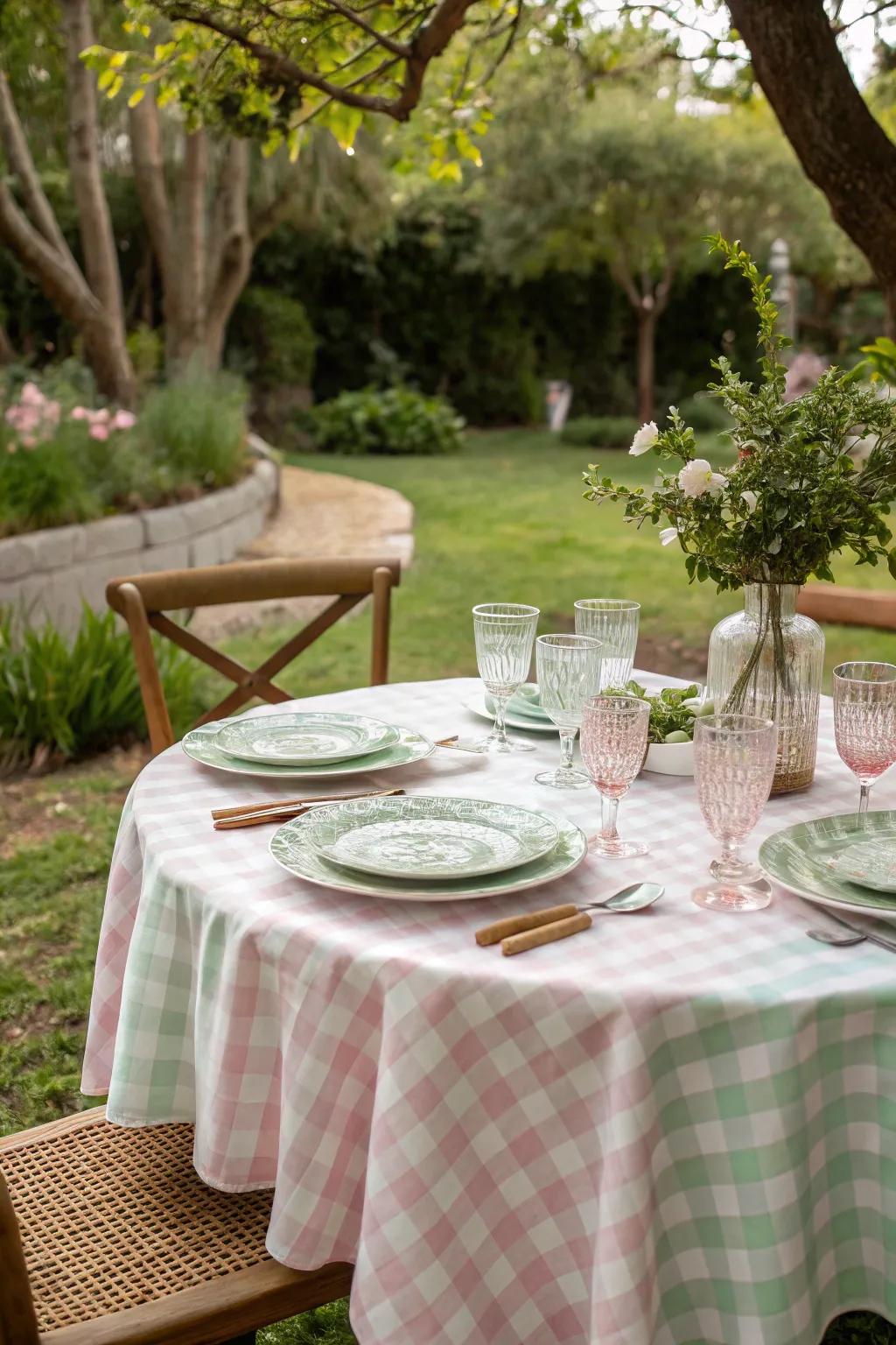 An elegant table setting with pastel gingham for a preppy flair.