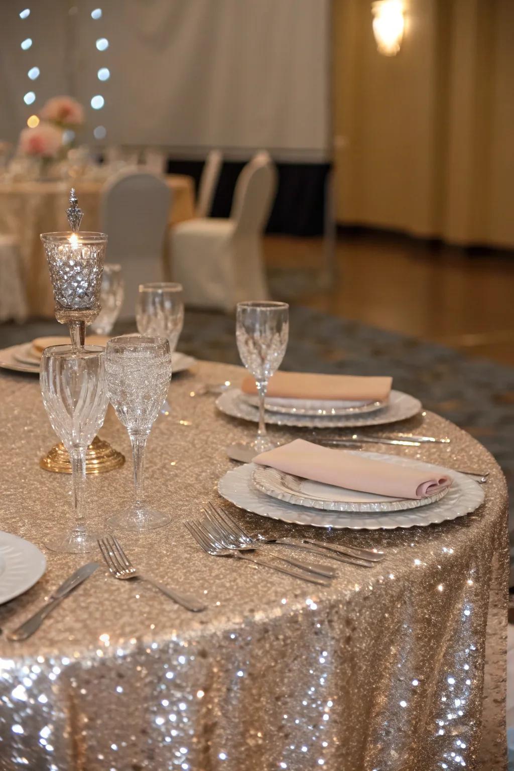 Sequin tablecloths bring sparkle and glamour to your prom setting.