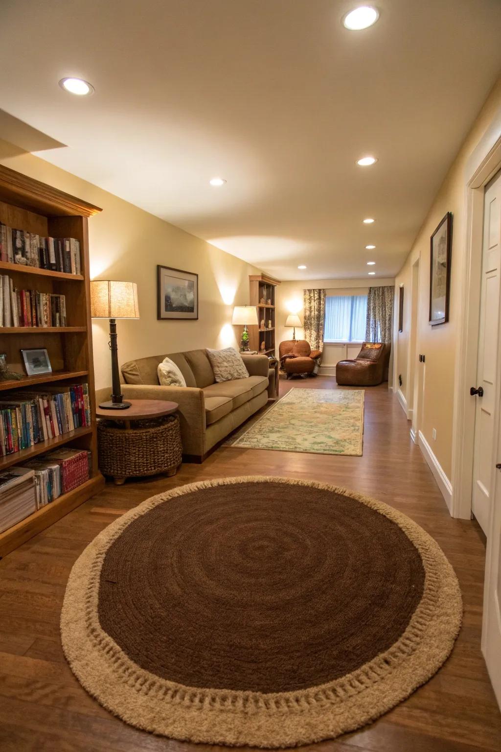 Floor coverings define distinct zones within a lengthy, narrow living space.