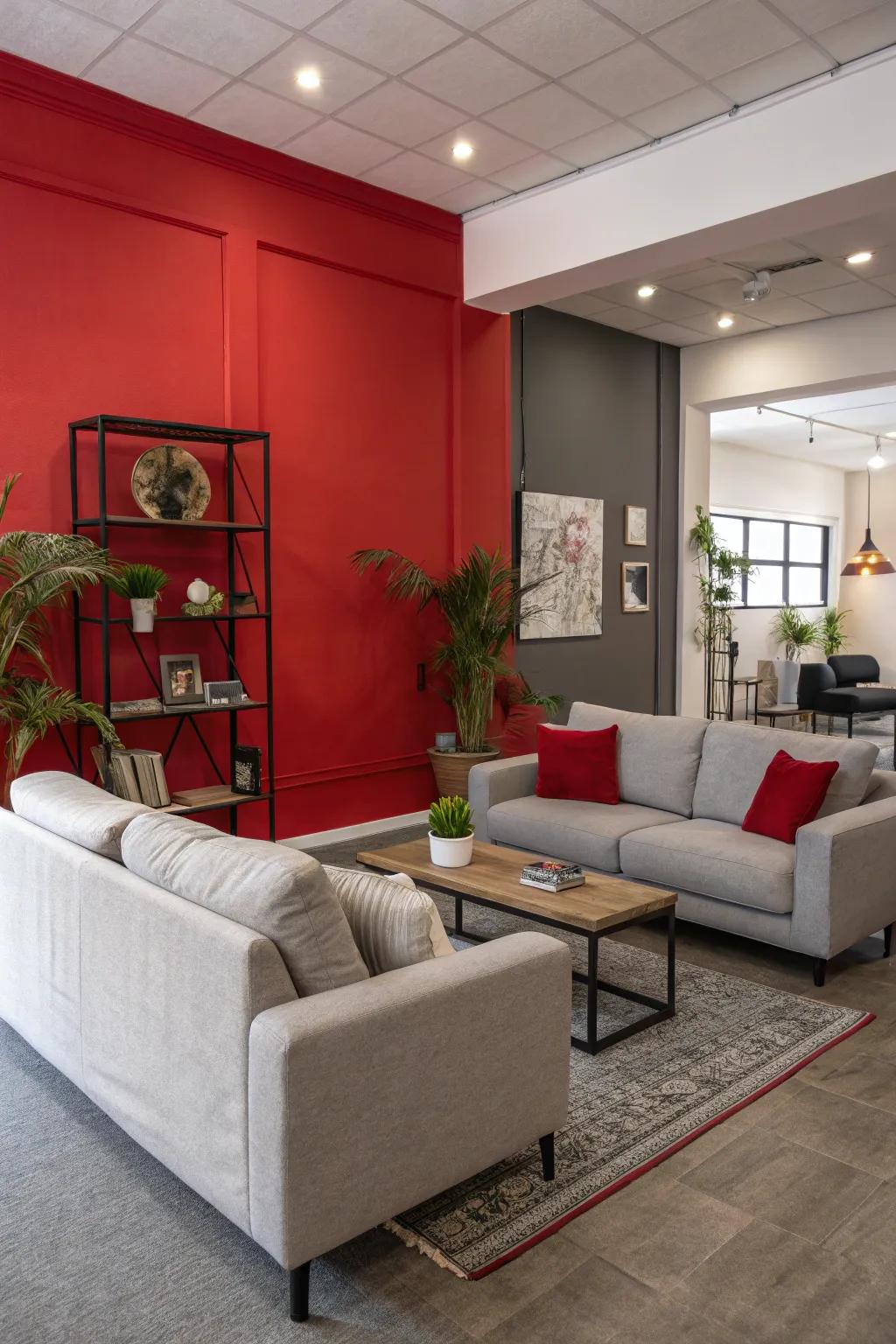 A striking scarlet focus wall perfectly complements the silver decor.