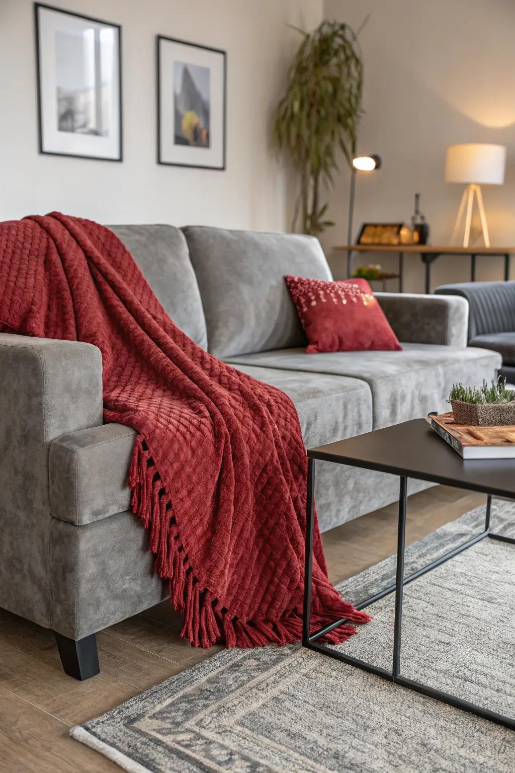 An array of textures imparts a sense of lavishness to this living space, beautifully themed in shades of red and grey.