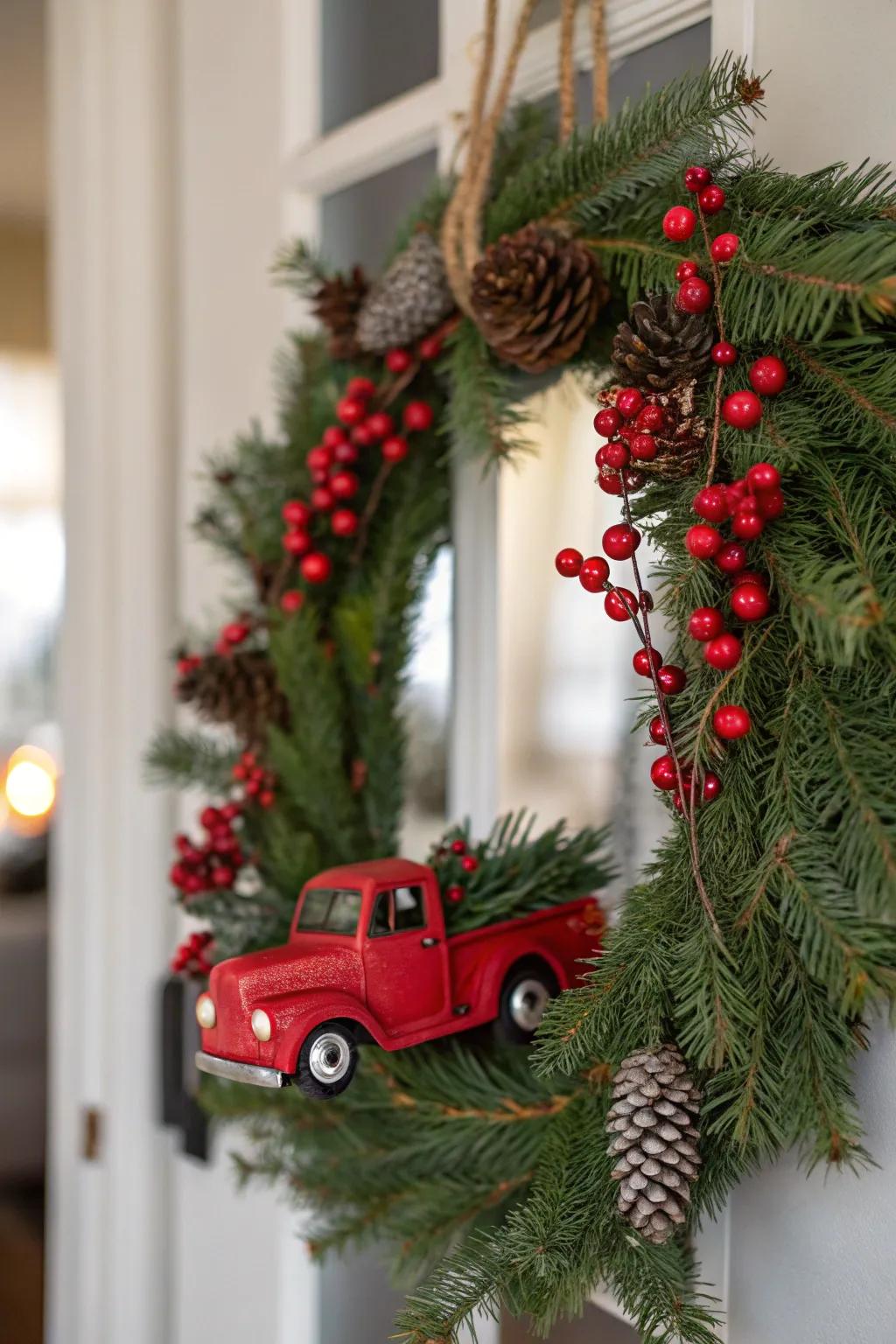Charming scarlet pickup wreath greeting visitors at the entrance.