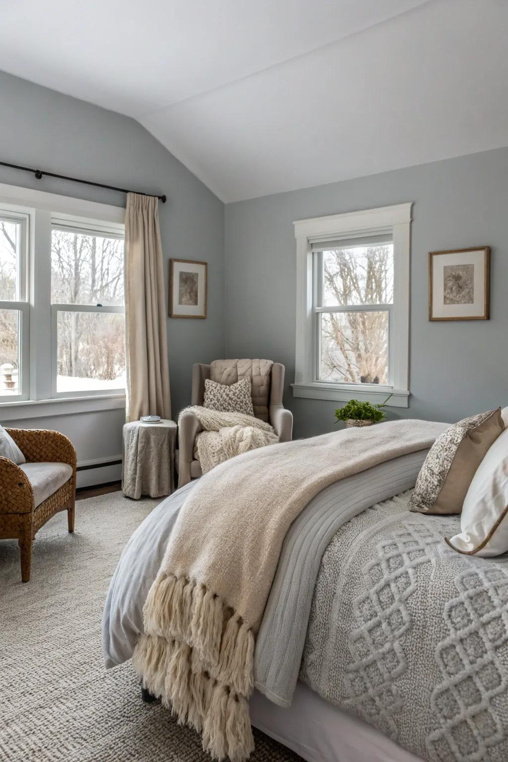Comforting textiles bring depth to a Stone Echo bedroom.