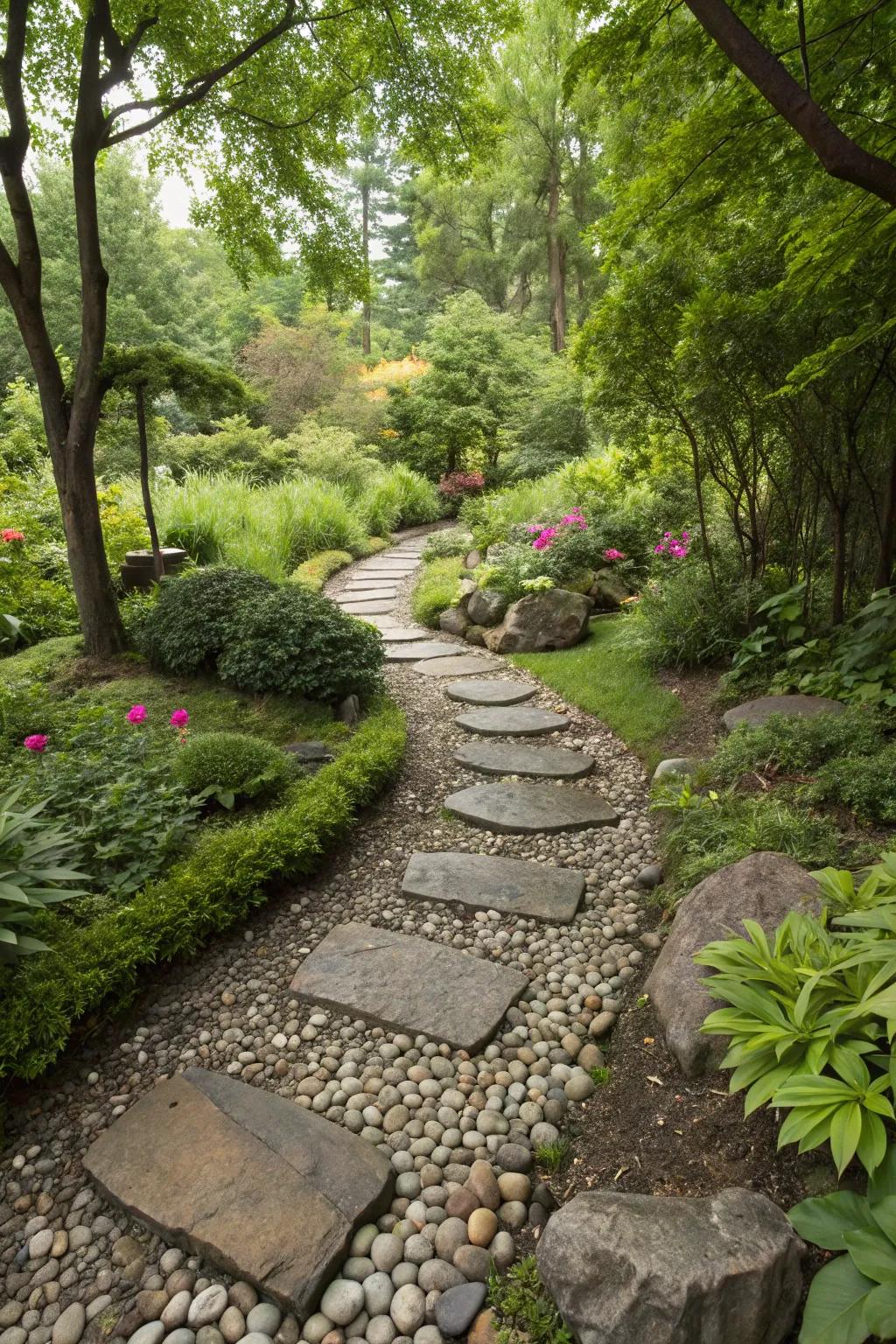 Encourage discovery with an inviting river rock trail.