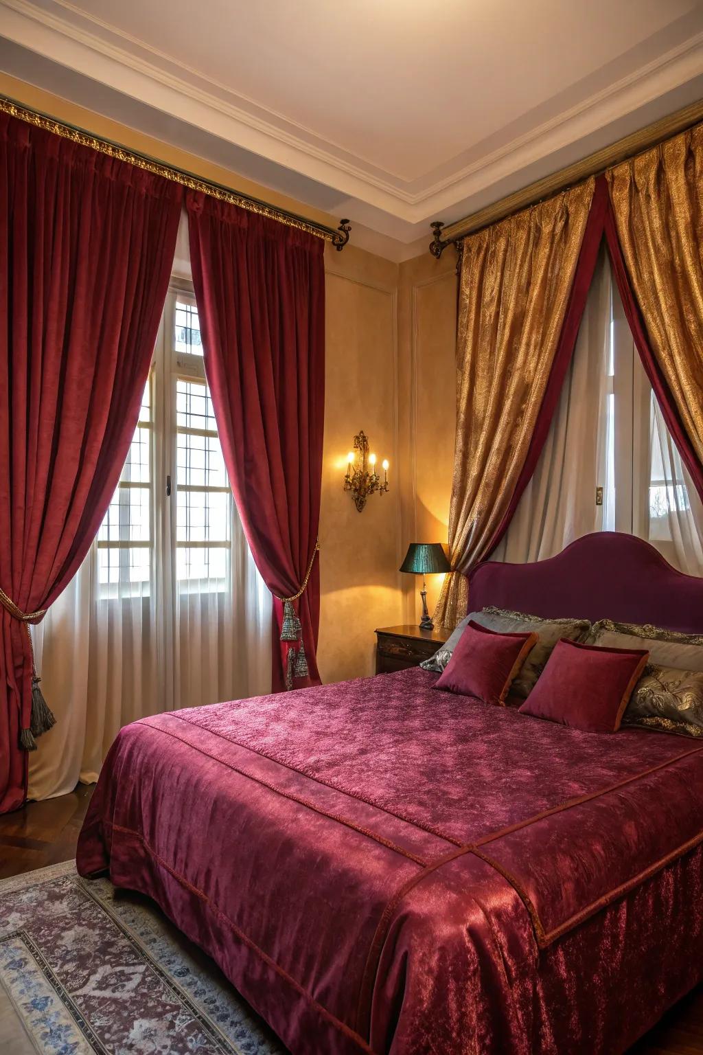 Rich velvet and satin fabrics enhance the luxurious feel of this bedroom.