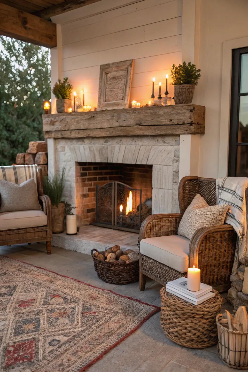 A reclaimed wood mantel adds charm and history to this rustic fireplace.