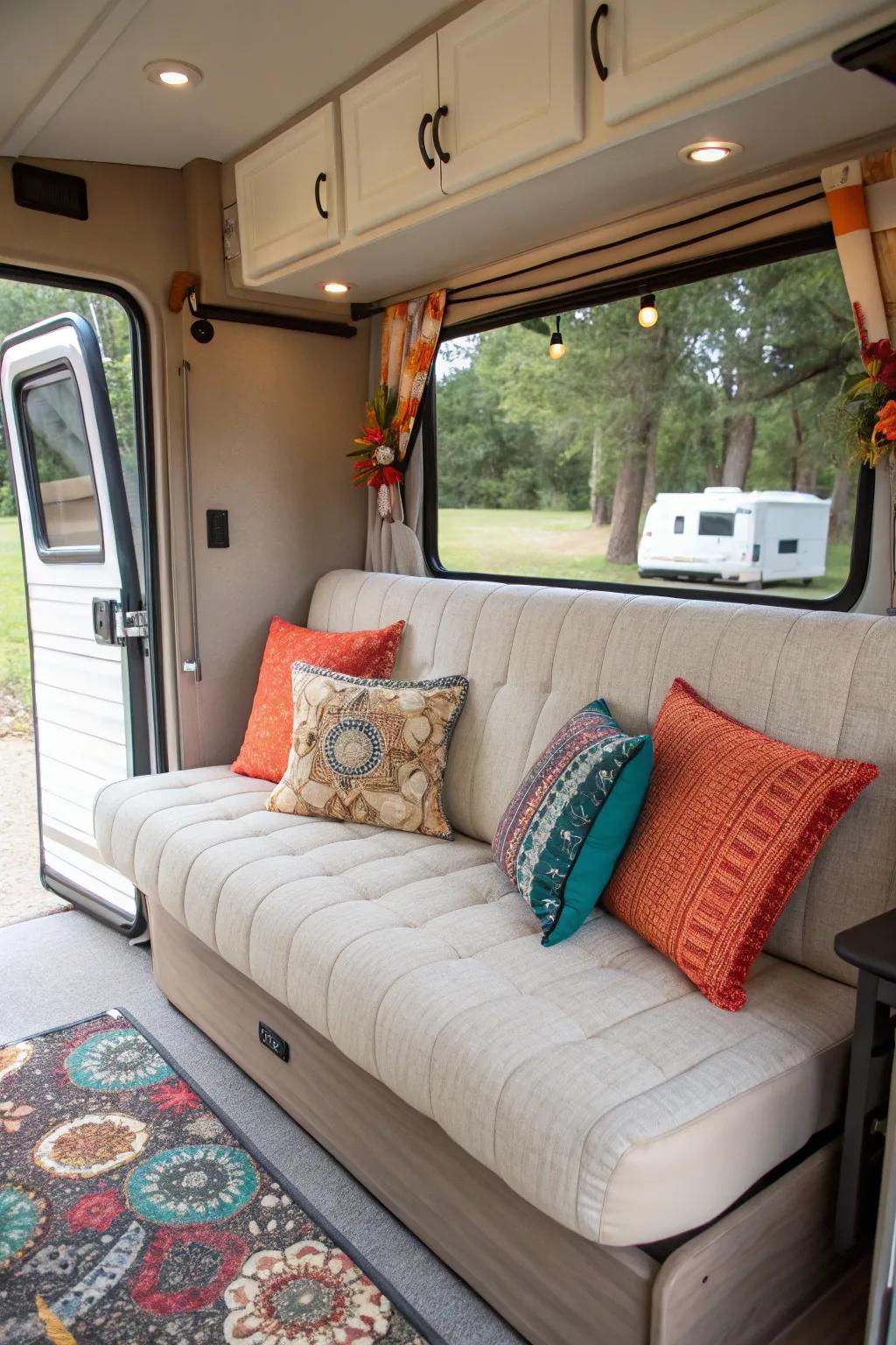 Multi-purpose futons provide both flair and functionality in an RV.