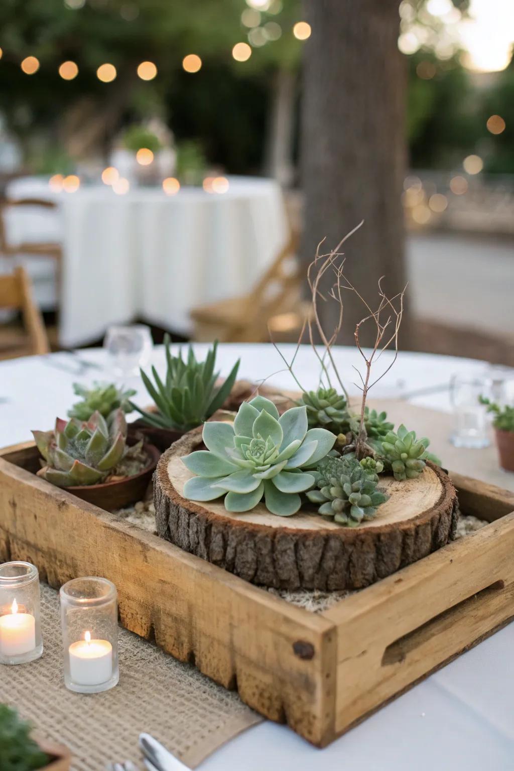 A countryside-inspired centerpiece marrying raw textures with the soothing essence of sage green.