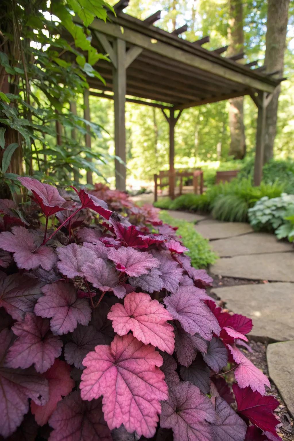 Coral bells add a pop of color in shaded areas.