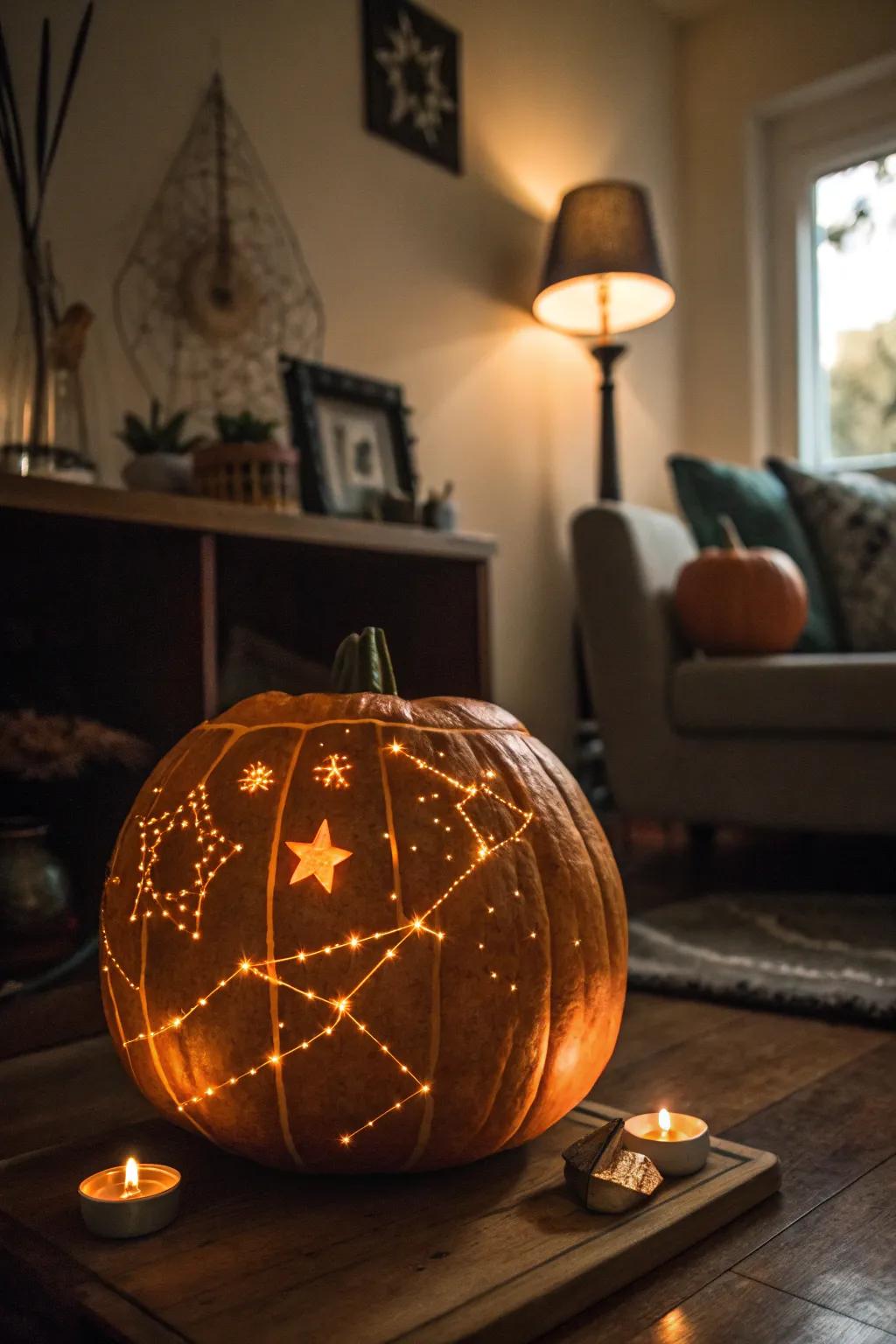 A celestial-themed pumpkin bringing the wonders of the night sky to your doorstep.
