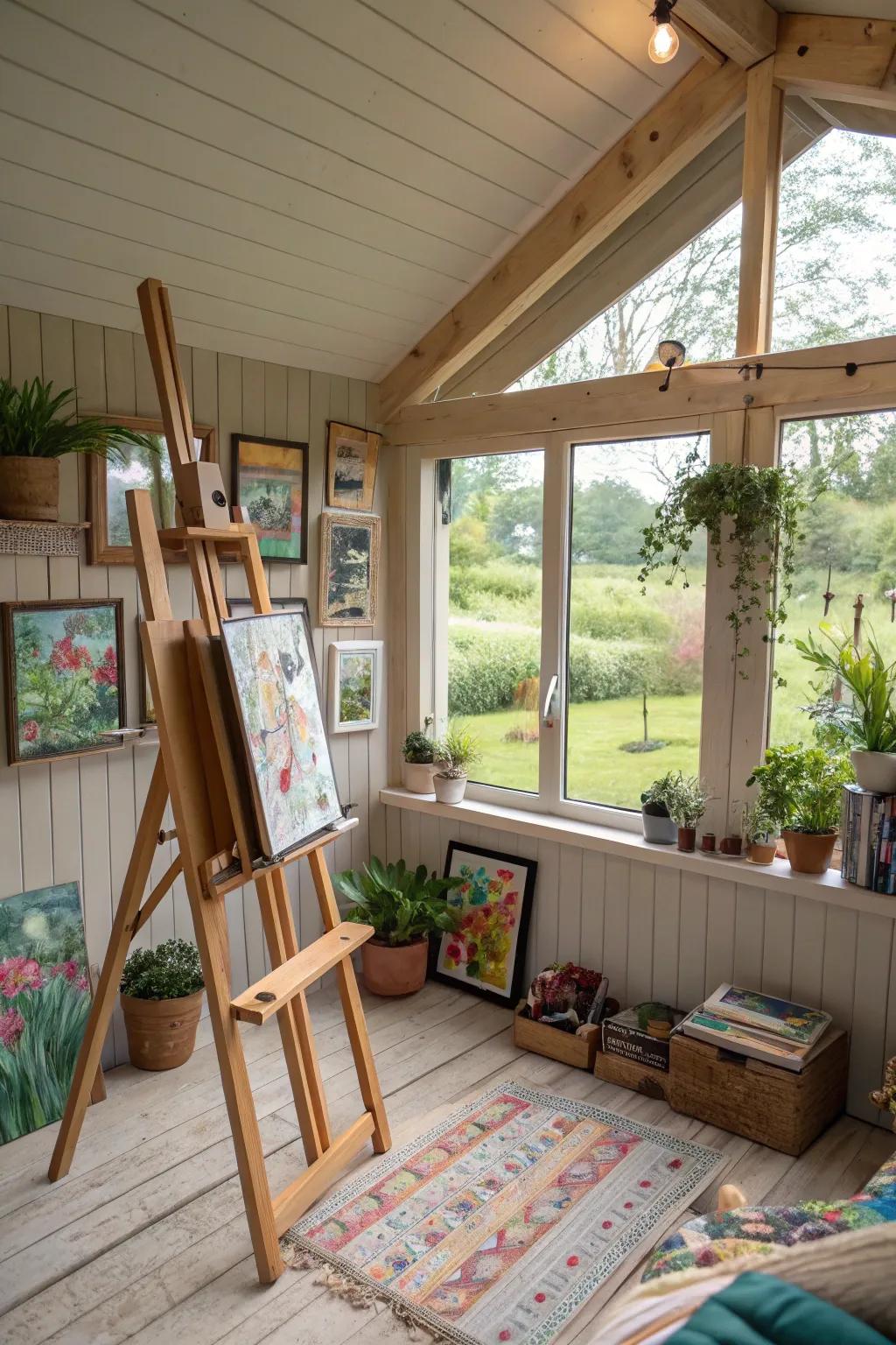 A tranquil area intended for artistic expression in a she shed art studio.