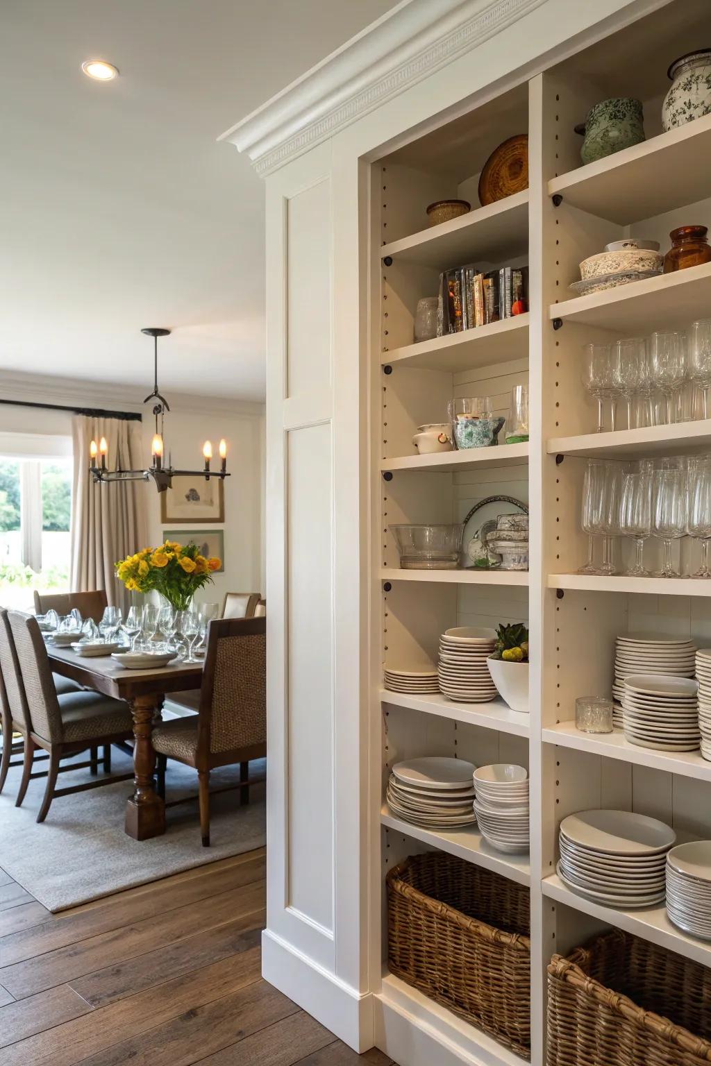 Accessible shelving keeps dining essentials stylishly within reach.