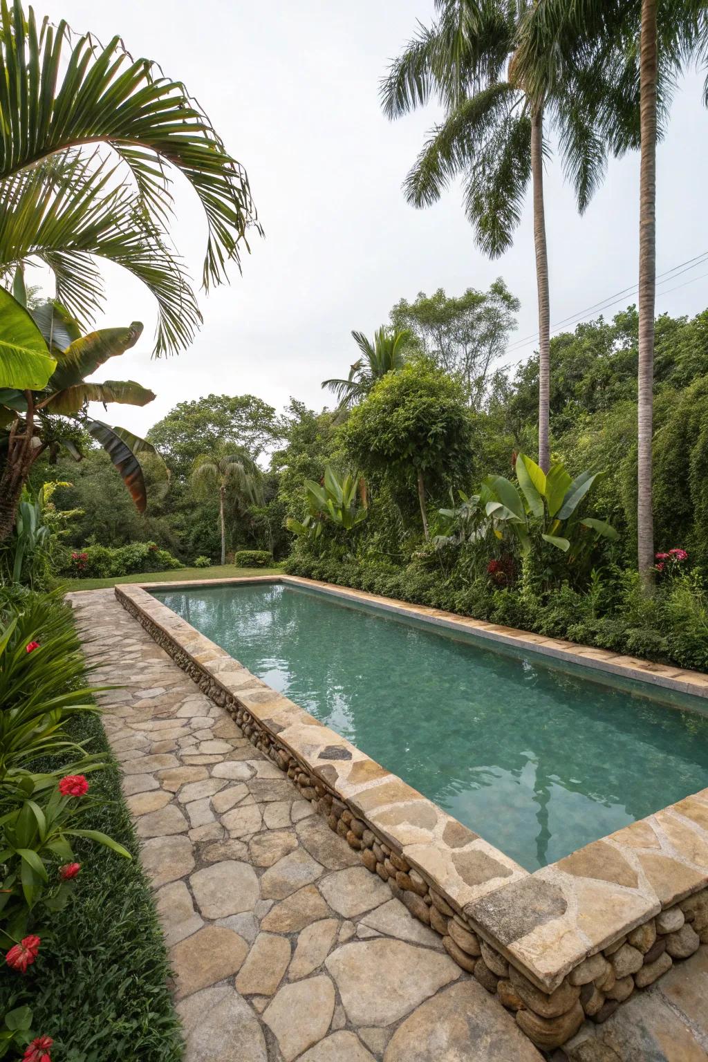 Raw stone trims elevate the sophistication of a rectangular pool.