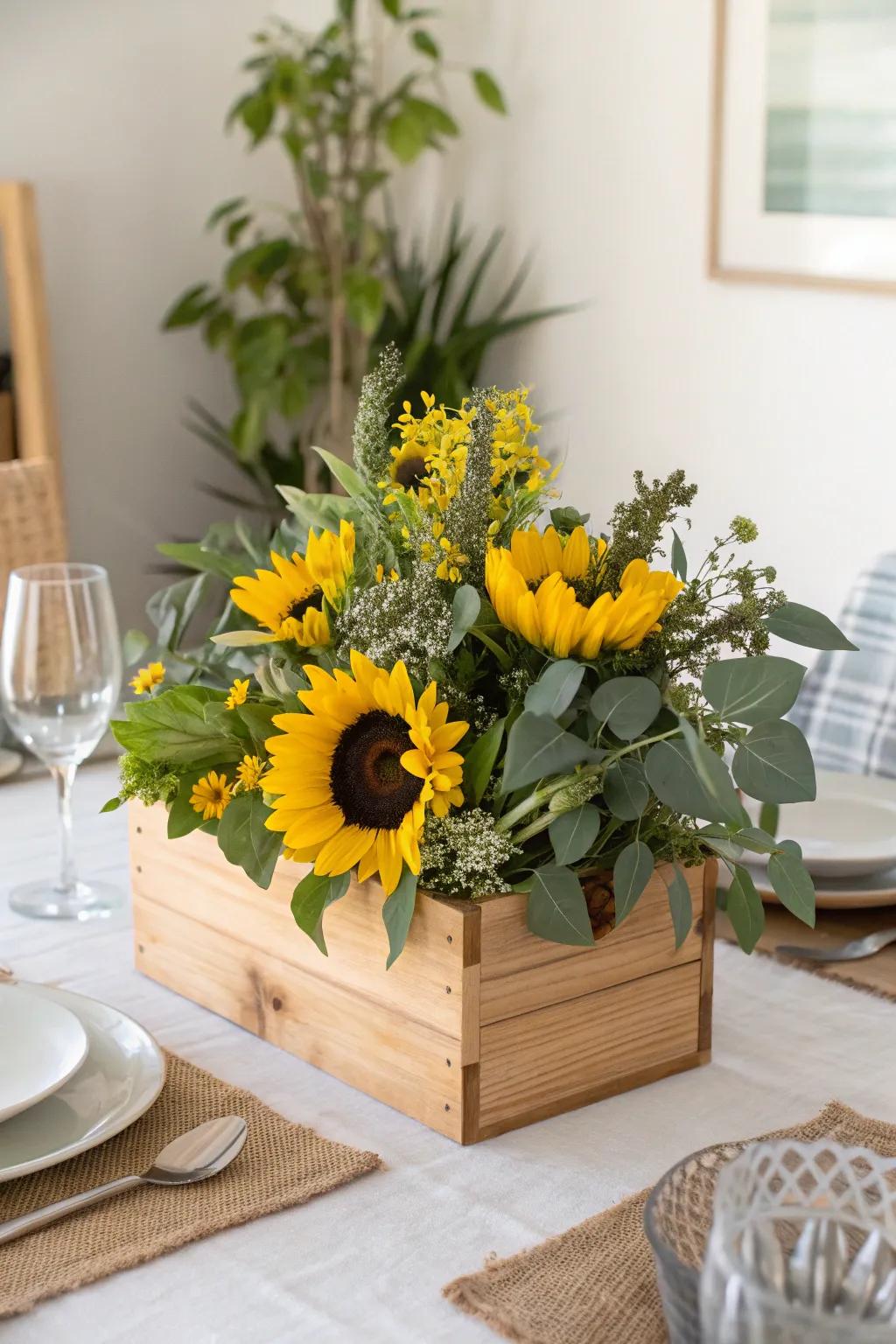 A wooden box brimming with sunflowers makes for a striking centerpiece.