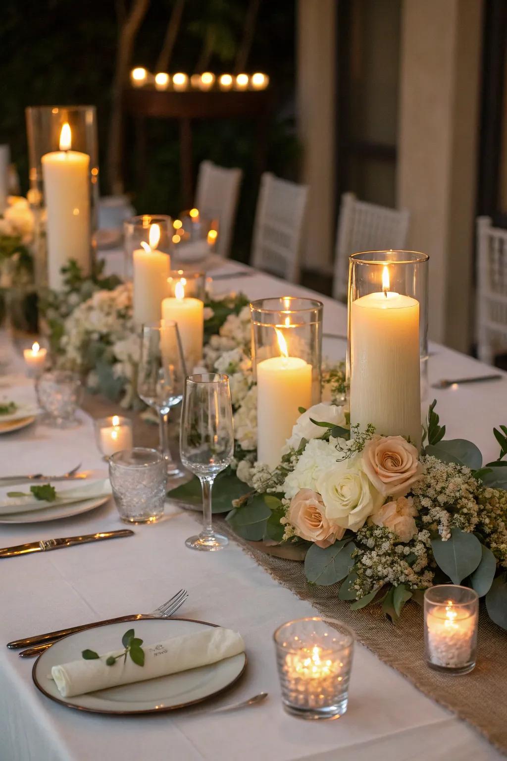 Candles casting a romantic glow on the wedding table.