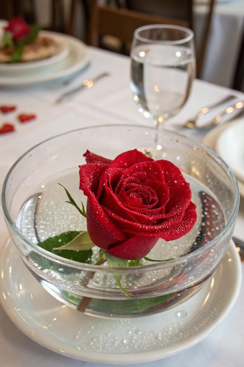 A centerpiece with a floating rose brings serenity and elegance to your dining atmosphere.