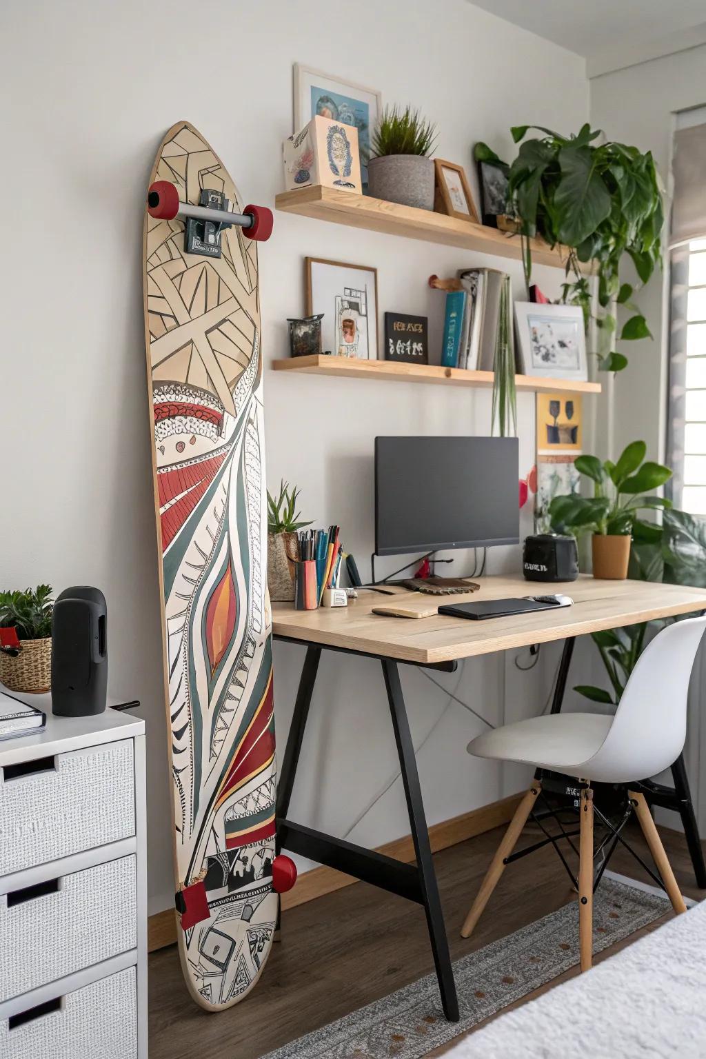 Ignite your workspace creativity with skateboard art.
