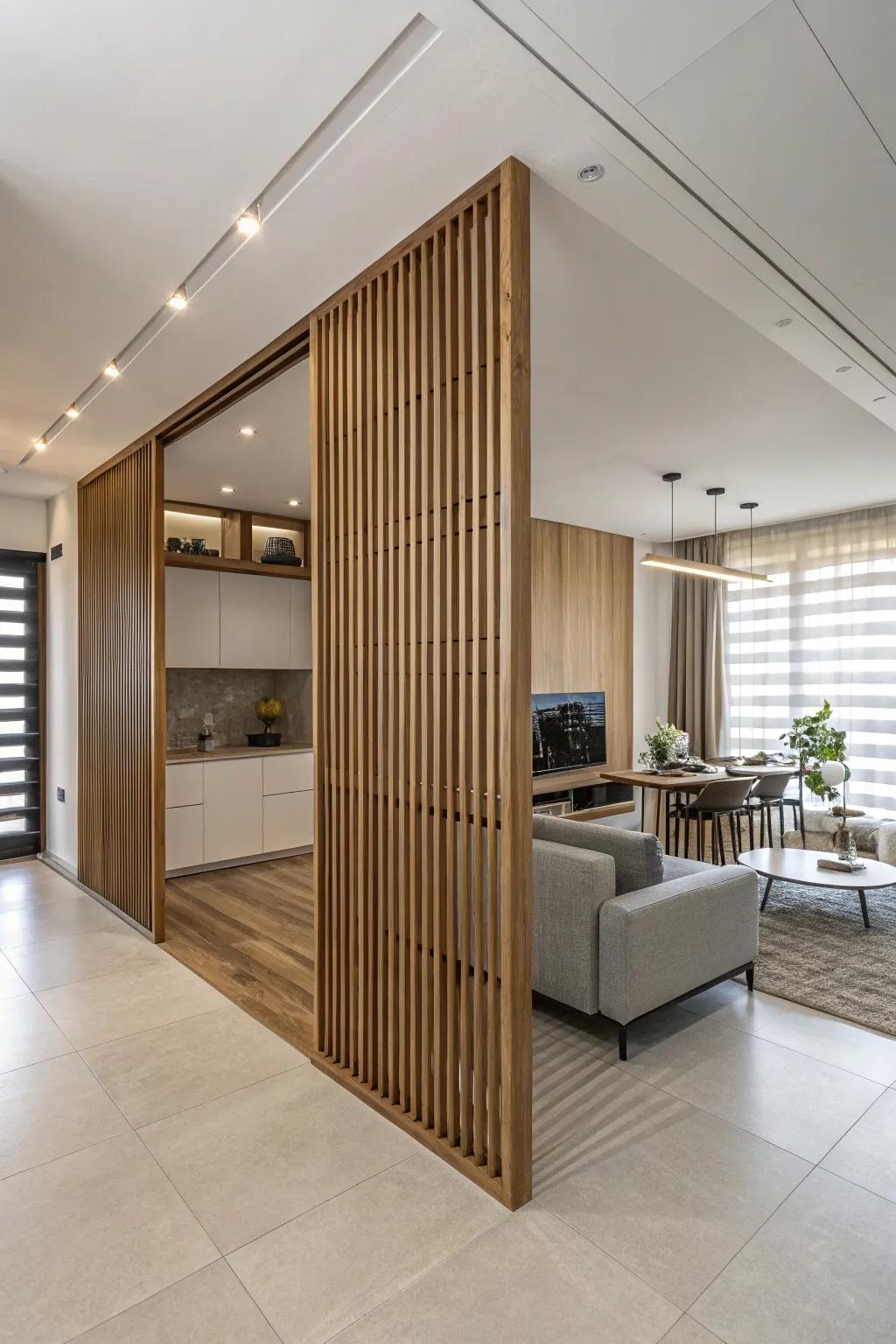 An open-concept space showcasing a wood slat accent as an elegant space separator.