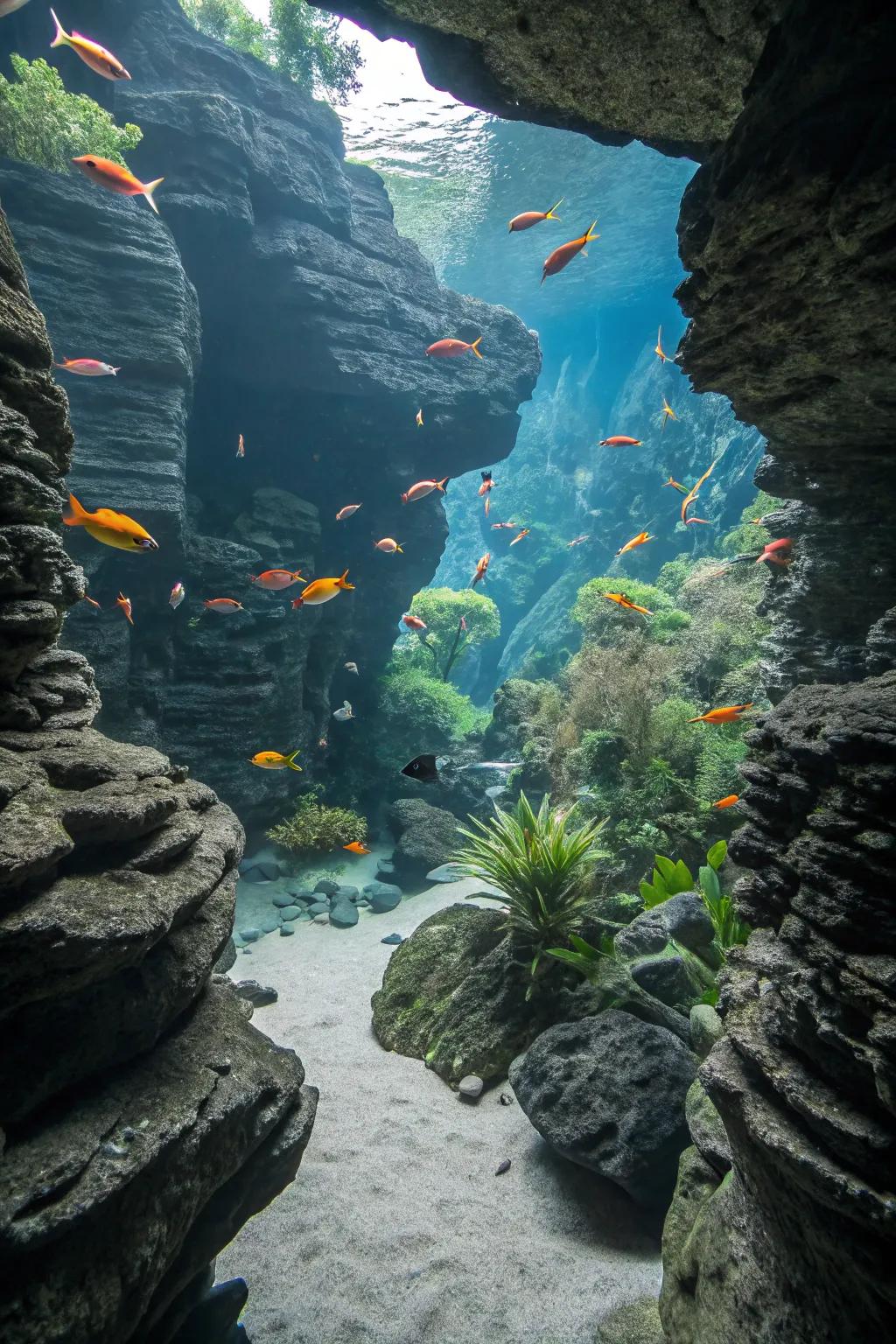 Fish enjoying their slate cave hideaways.