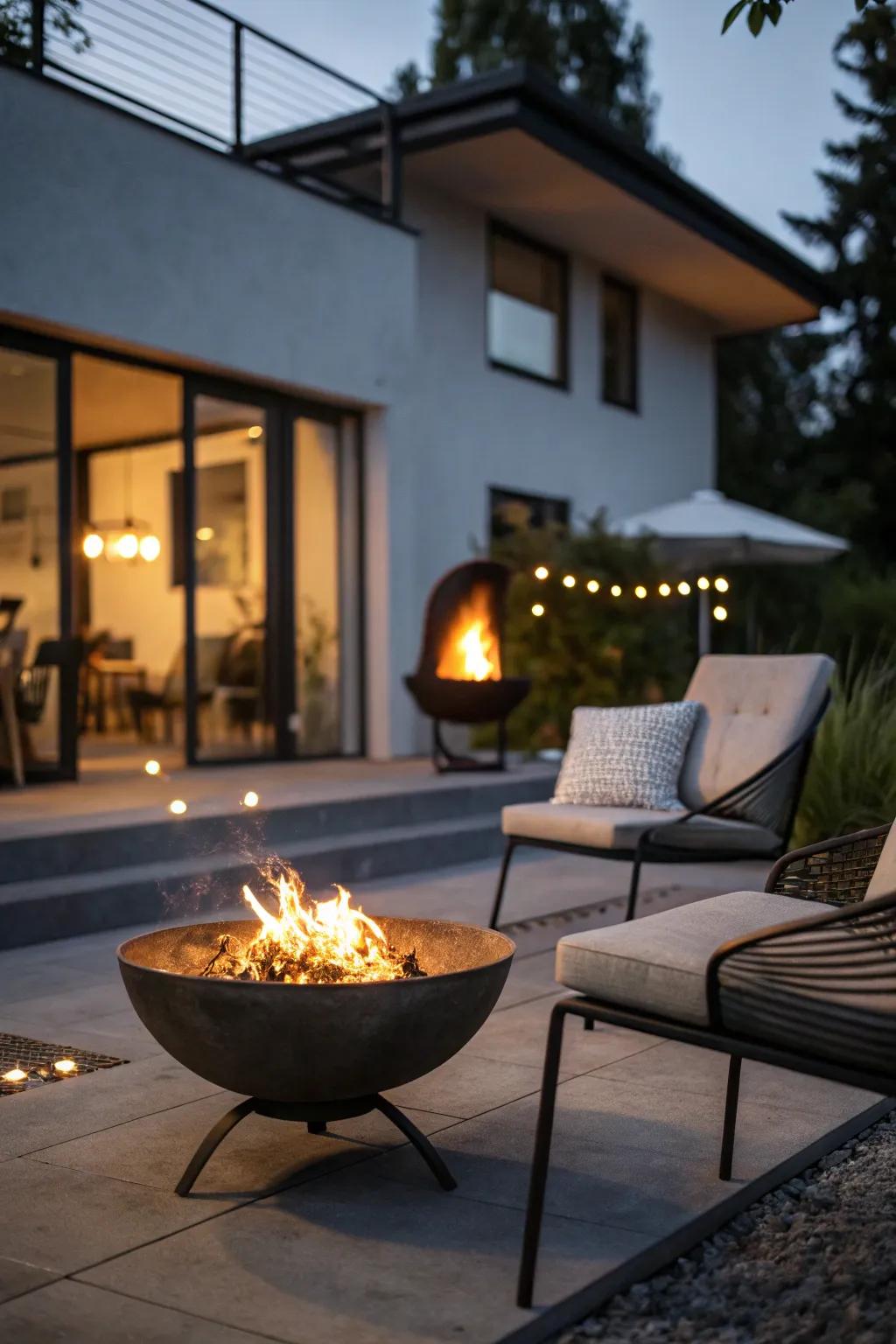 A sleek metal fire bowl brings modern charm to a compact patio setting.