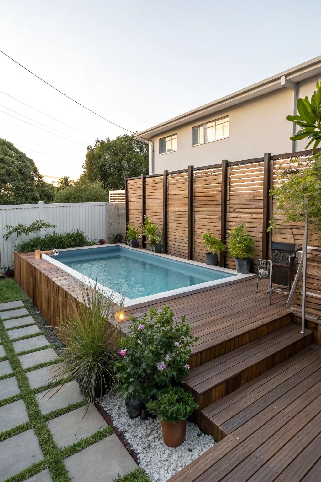 Sleek above-ground pool with stylish decking.