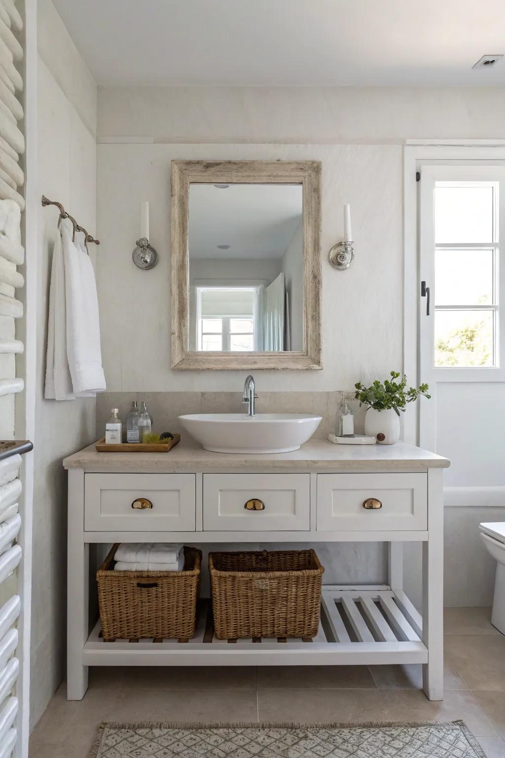 A minimalist vanity that brings refinement and clarity to a small bathroom.
