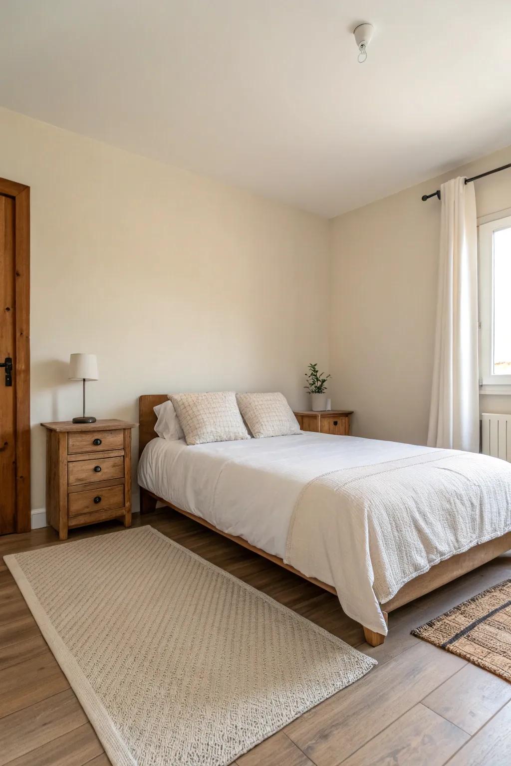A minimalist small bedroom featuring simple lines and calming neutral shades.