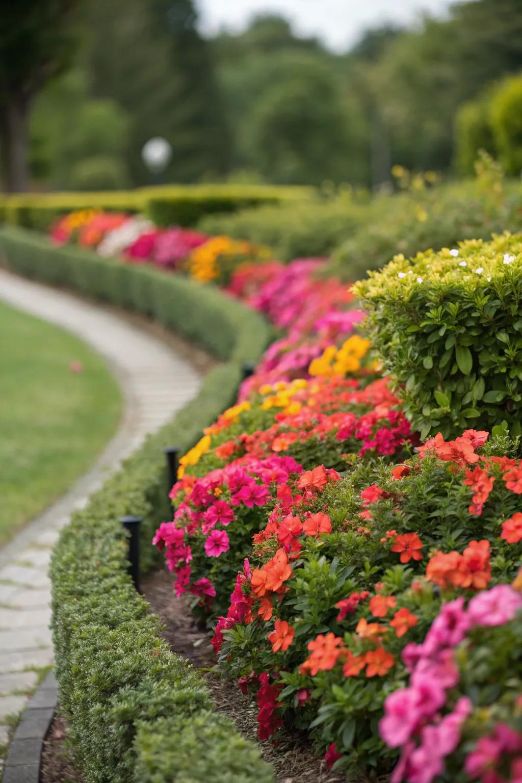 Flowerbeds outlined by low hedges for a captivating garden ambiance.