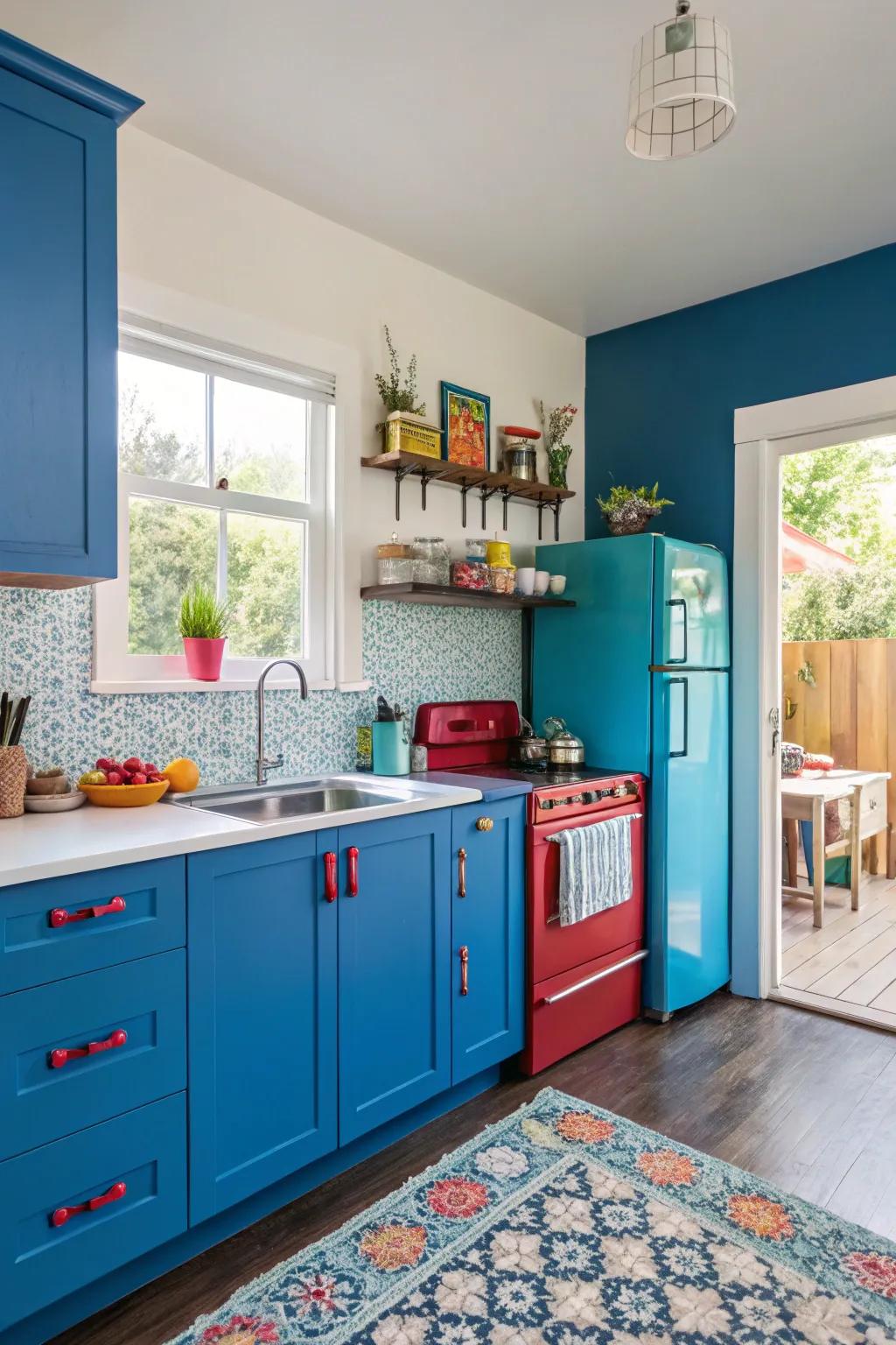 Strong shades contribute drama and character to intimate cooking spaces.