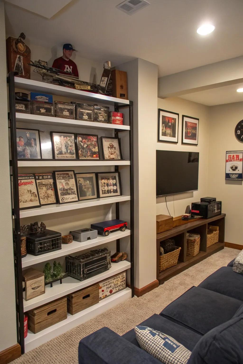 Wall-mounted shelves effectively utilize vertical space, displaying memorabilia without taking up floor space.