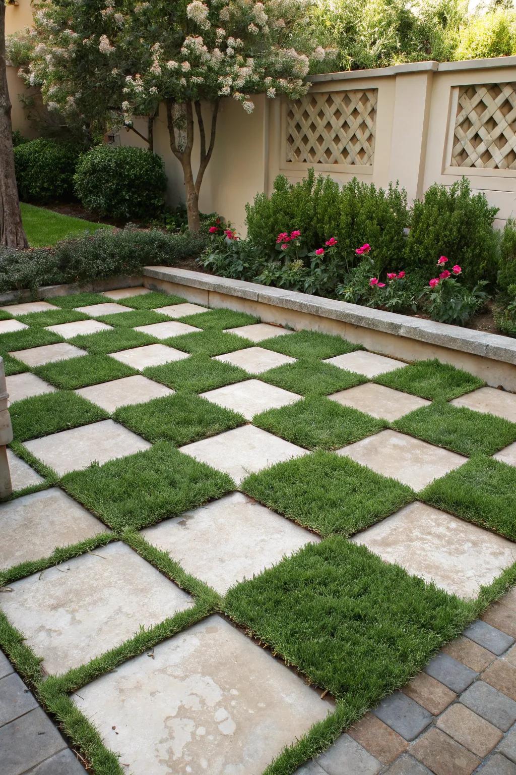 A vibrant fusion of pavers and grass in a chessboard configuration.