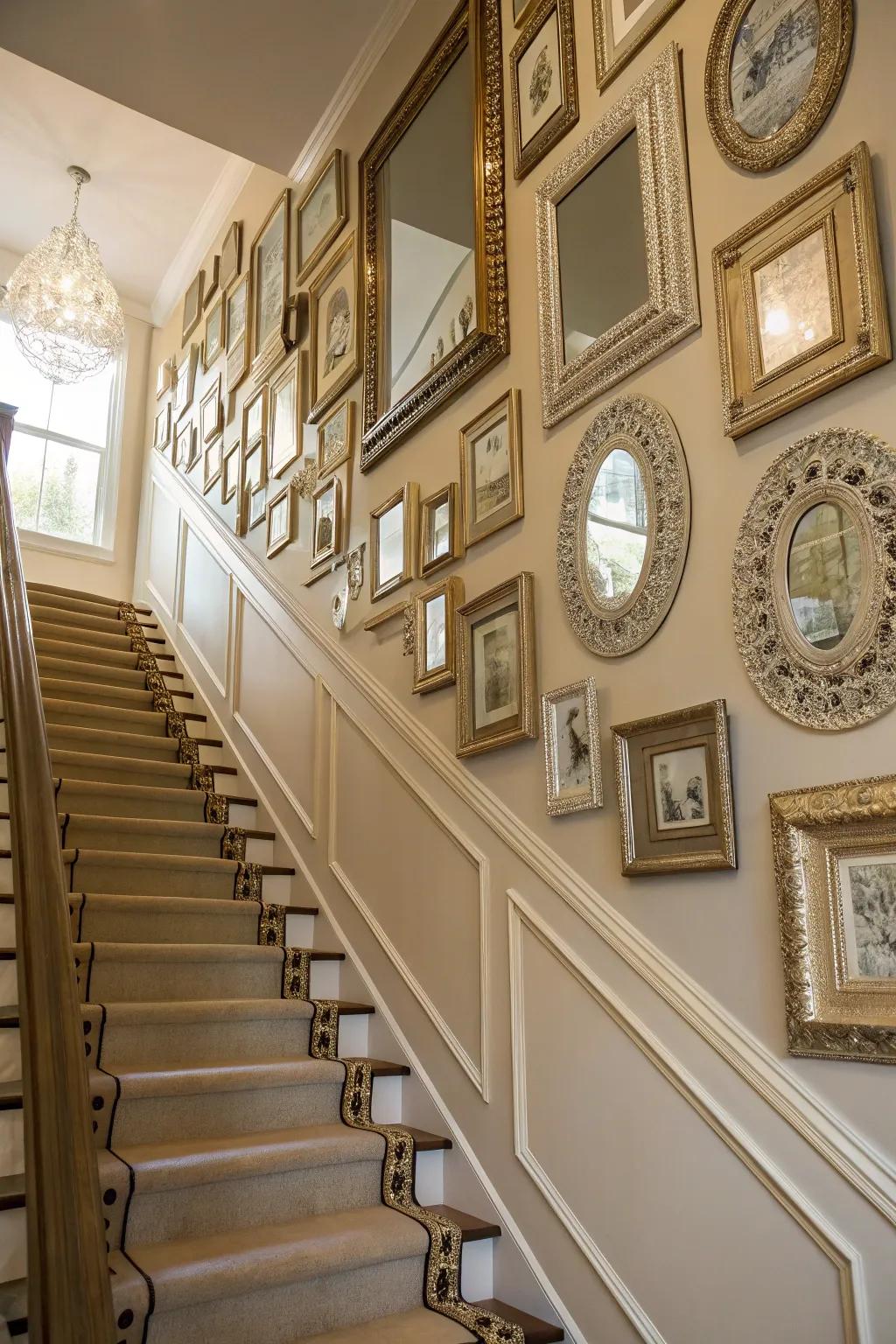 Reflective surfaces bring elegance and amplify the stairway.