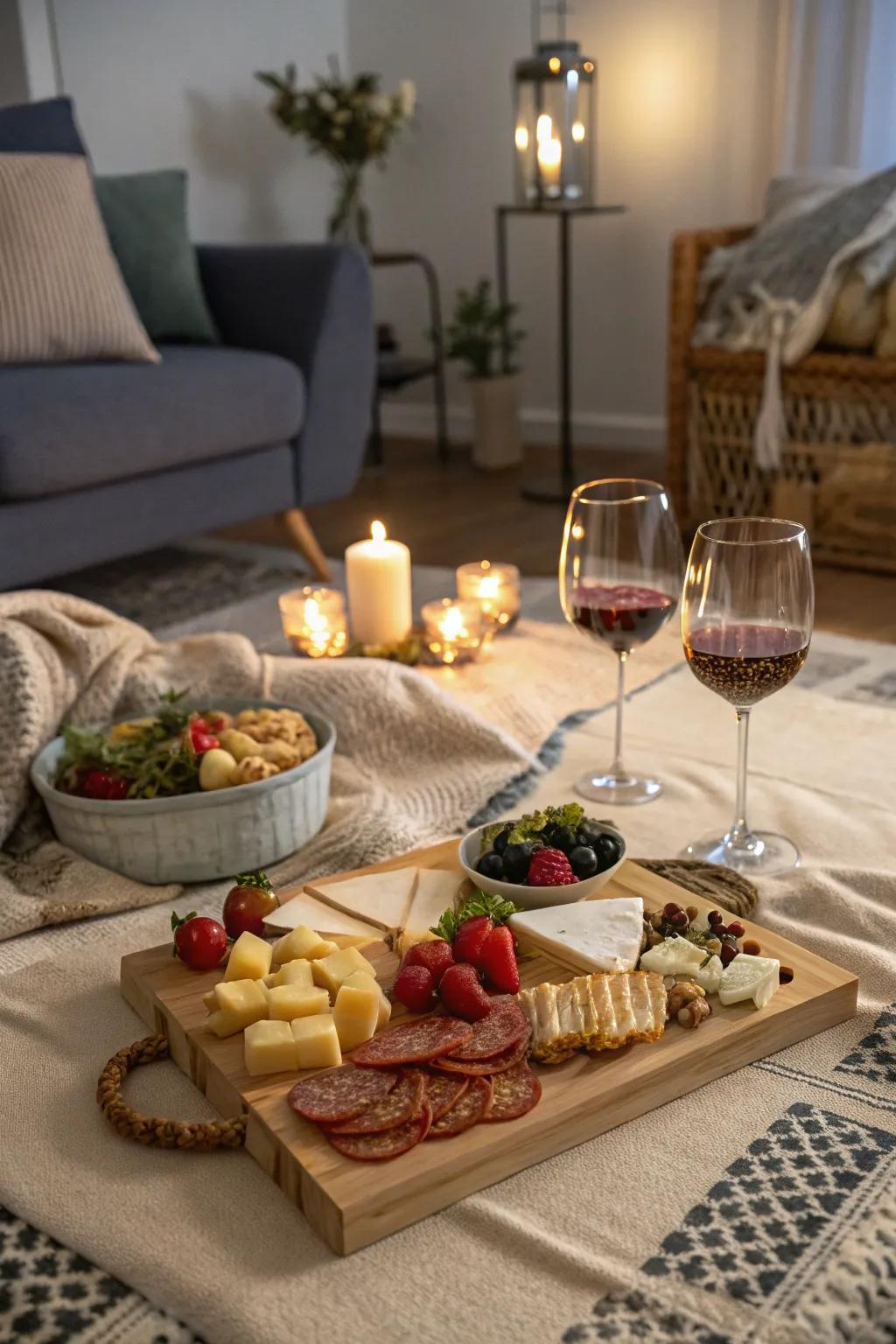 Enjoy an intimate indoor picnic with your favorite snacks and wine.