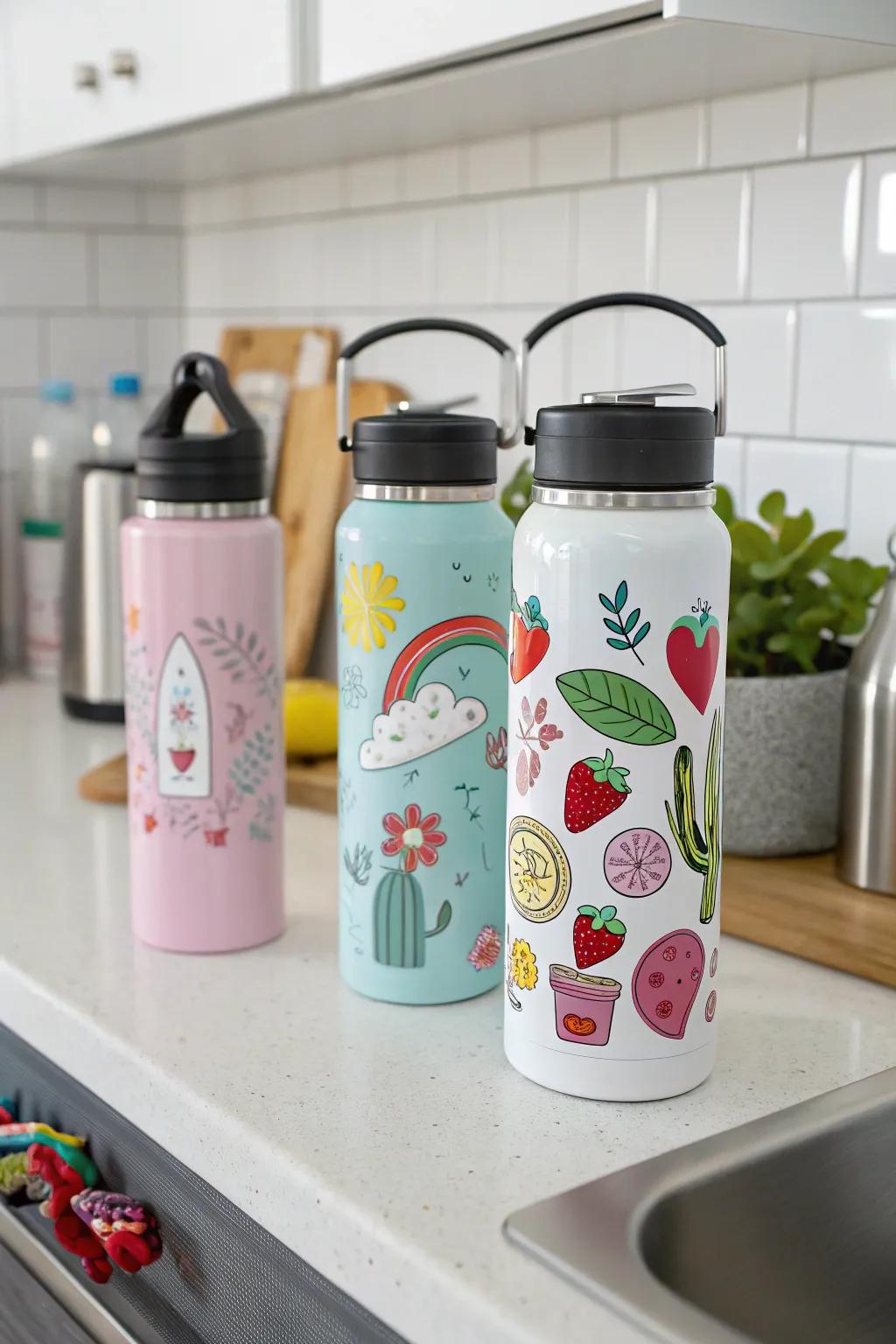 Turn heads with your water bottles using these creative sticker designs.
