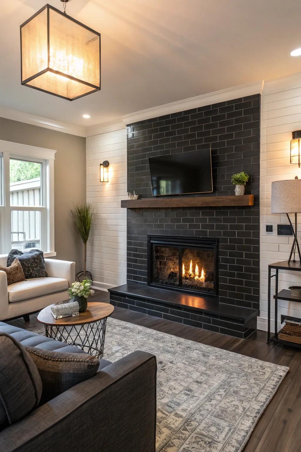 Dark strip tiles make a remarkable statement in this fashionable living area.