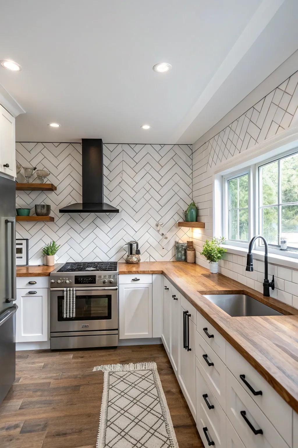 This kitchen showcases the elegance and flair added by a herringbone arrangement.