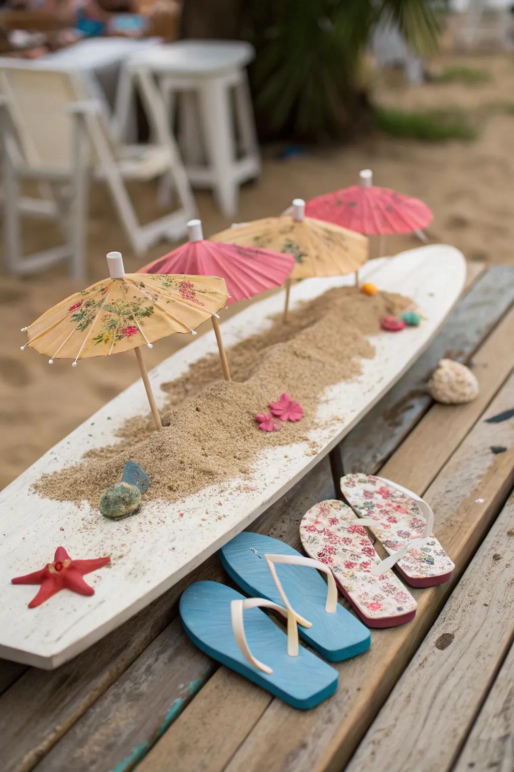 A board decorated with beach elements like mini umbrellas and flip-flops.