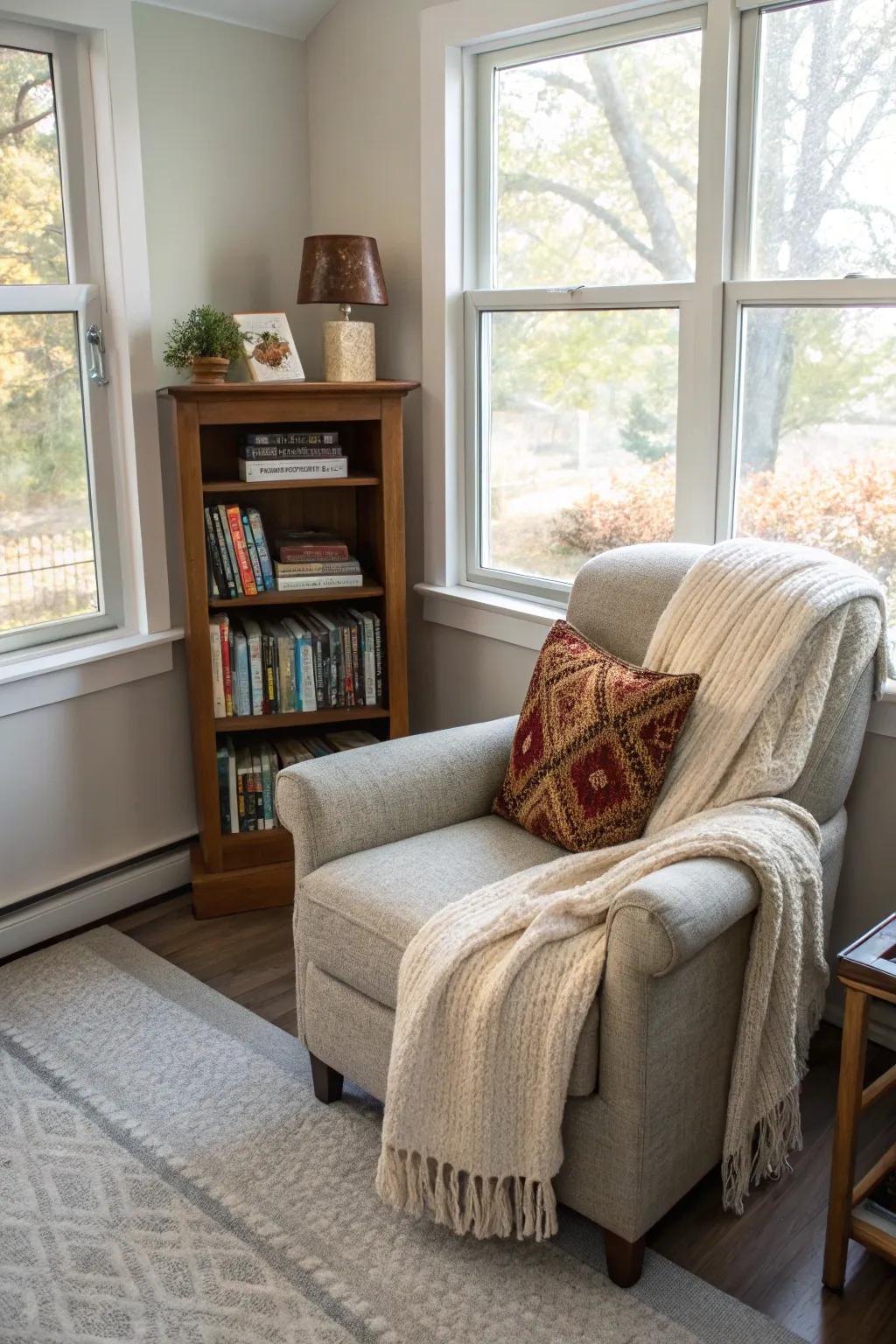 A comfortable reading corner nestled in the corner of a sunroom.