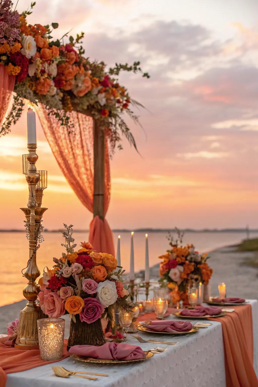 A wedding table configuration showcasing sundown inspired palettes.