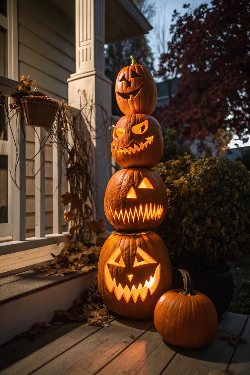 Create a tower of terror with stacked pumpkins, each featuring a unique scary face.