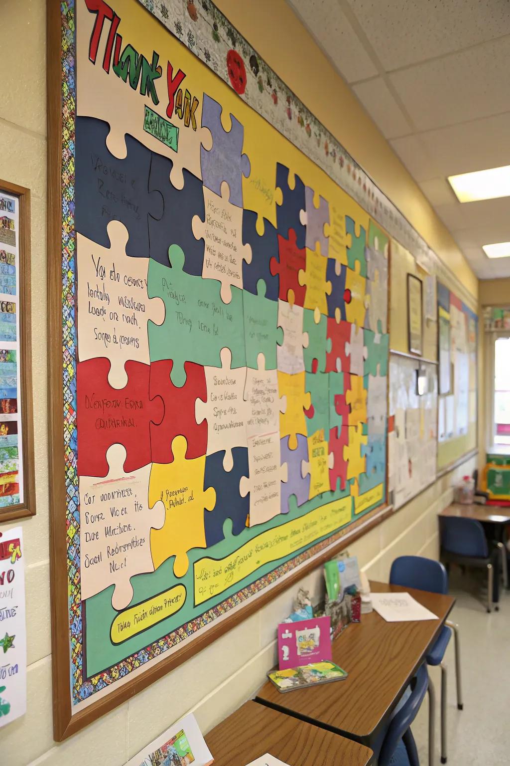 A heartwarming jigsaw-themed display where each piece embodies a thank-you from students.