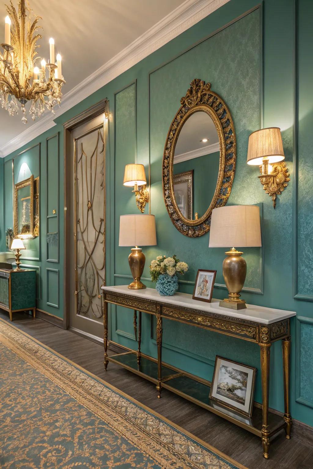 Teal walls enhanced with gold features for an opulent aesthetic.